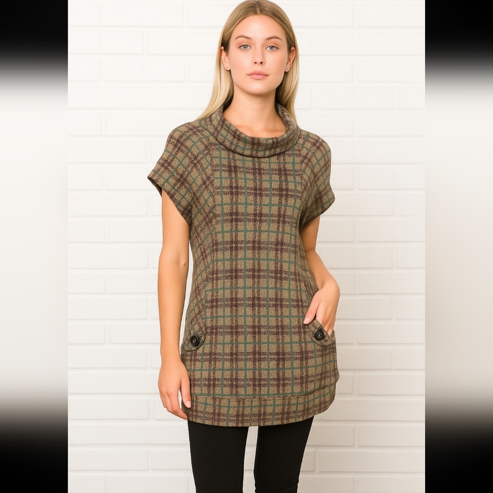 Bess Plaid Tartan Cowl Neck Tunic Sweater Pockets Dress Brown Teal Boho Mod